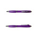 A purple plastic pen with a shiny silver clip and trim, displayed from two angles. It has a logo on the side.