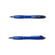 A blue plastic pen with a silver clip and accents, displayed in two positions. The pen has a sleek design and a logo.