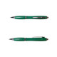 A green plastic pen with a shiny silver clip and detailing, featuring a logo.