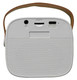 A white mini speaker with a brown strap, featuring ports and a perforated speaker grille.