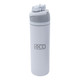 A drink bottle in white with grey accents, featuring a logo on the side and a flip-top lid. A drink bottle in white with grey accents, featuring a logo on the side and a flip-top lid.