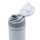 A drink bottle in grey and white, featuring a flip-top lid and a built-in spout, with a logo on the side. A drink bottle in grey and white, featuring a flip-top lid and a built-in spout, with a logo on the side.
