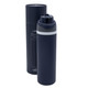 A drink bottle in navy blue with a grey accent, packaged in a matching cylindrical container. It features a logo. A drink bottle in navy blue with a grey accent, packaged in a matching cylindrical container. It features a logo.