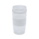 A reusable coffee cup in clear and white, featuring a textured band and a lid. Includes a logo.