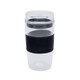 A reusable coffee cup in clear and black, featuring a silicone grip and a lid. It has a 354mL capacity.