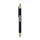 A black and bamboo click pen featuring a clip and branding.