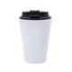 A coffee mug in white with a black lid, featuring a smooth, modern design and a branding logo.