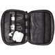 A grey organiser pouch containing charging cables and earbuds, featuring a logo on the exterior.