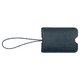 A dark leather luggage tag with a loop attachment. It features a minimalist design and has a logo.