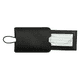 A black leather luggage tag with a transparent slot for information. It features a pull-apart design and a loop handle.