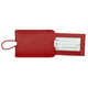 A red leather luggage tag featuring a clear window and space for personal information. It has a loop for attachment.