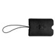 A black leather luggage tag with a loop attachment and a logo embossed on the surface.