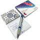 A combination pad set featuring a patterned notepad and a silver pen, with a blue accent. Includes a branded logo.