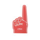 A giant foam hand in red, shaped like a raised hand with one finger pointing up, featuring a logo at the base.
