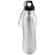 A drink bottle featuring a sleek silver design with a black top and a carabiner clip attached. A drink bottle featuring a sleek silver design with a black top and a carabiner clip attached.