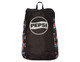 A fold-up backpack in black with a colourful Pepsi logo pattern and a top handle for easy carrying.