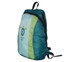 A fold-up backpack in turquoise and green with a logo on the front and adjustable straps.
