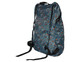 A fold-up backpack in blue with a playful pattern featuring various shapes and designs. It has shoulder straps and a small logo.