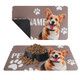 A pet feeding mat featuring a brown background with a corgi's face and paw print designs. It has a logo.
