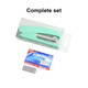 A mint green stapler in a clear packaging with a box of staples included. The box features a logo.