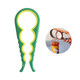 A green and yellow multi-purpose jar opener with a grip handle, designed for various jar sizes, shown alongside a person using it.
