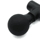 A black mini massage gun with a rounded attachment, featuring a sleek design and a logo.