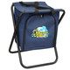 A navy blue cooler seat with a black handle, featuring a logo on the front. The seat has a sturdy metal frame.