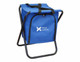 A blue cooler seat with a sturdy black frame, featuring a logo on the front.