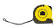 A yellow tape measure with a black casing and a logo, featuring a retractable mechanism and a hand strap.