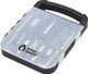 A transparent tool kit case with various tools inside, featuring a black handle and a logo on the front.