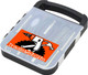 A compact tool kit in black and transparent casing featuring various tools and a logo on the lid.