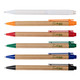 A collection of six pens in various colors, including white, orange, red, green, blue, and black, with cardboard bodies.