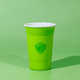 A double wall party cup in bright green with a white interior, featuring a logo on the front.