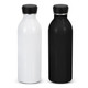 A drink bottle set featuring one white aluminium bottle and one black aluminium bottle, each with a black cap and a logo.