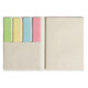 A booklet containing sticky notes in green, yellow, blue, and pink, with a blank notepad section. Features a logo.