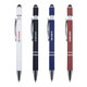 A set of four metal pens in black, white, blue, and red, each with a logo and stylus tip.