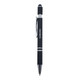 A metal pen in black with a textured grip and silver accents, featuring a logo on the barrel.