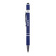 A metal pen in navy blue with a silver clip and a branding logo on the barrel. Features a stylus tip.