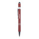 A metal pen in a deep red colour with a silver clip and an accompanying stylus tip, featuring a logo.