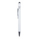 A white metal pen featuring a sleek design and a clip, with a stylus tip on one end. It has a branding logo.