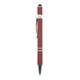 A metal pen in a rust red colour with silver detailing and a touch screen stylus tip. Features a logo.