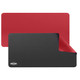 A PU leather desk mat in red and black, featuring a logo on one corner and a smooth surface.