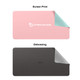 A pink and grey PU leather desk mat with a logo, featuring a smooth, sleek design.