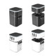 A set of four Luminous Travel Adapters, featuring black and white designs with multiple USB ports and adjustable prongs.