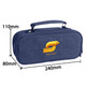 A blue pencil case with compartments and a handle, featuring a logo, measuring 240mm x 110mm x 80mm.