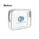 A medium clear toiletry bag with a grey trim and a logo on the front.