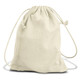 A cream drawstring bag made of canvas material, featuring a simple, unadorned design. A cream drawstring bag made of canvas material, featuring a simple, unadorned design.