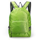 A green backpack with mesh accents, featuring adjustable straps and a front pocket, along with a logo on the front.