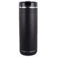 A drink bottle in matte black with a silver band and a lid, featuring a logo. Suitable for thermal beverages.
