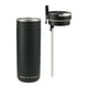 A drink bottle in matte black, featuring a straw lid and a plastic base, with a logo on the front.